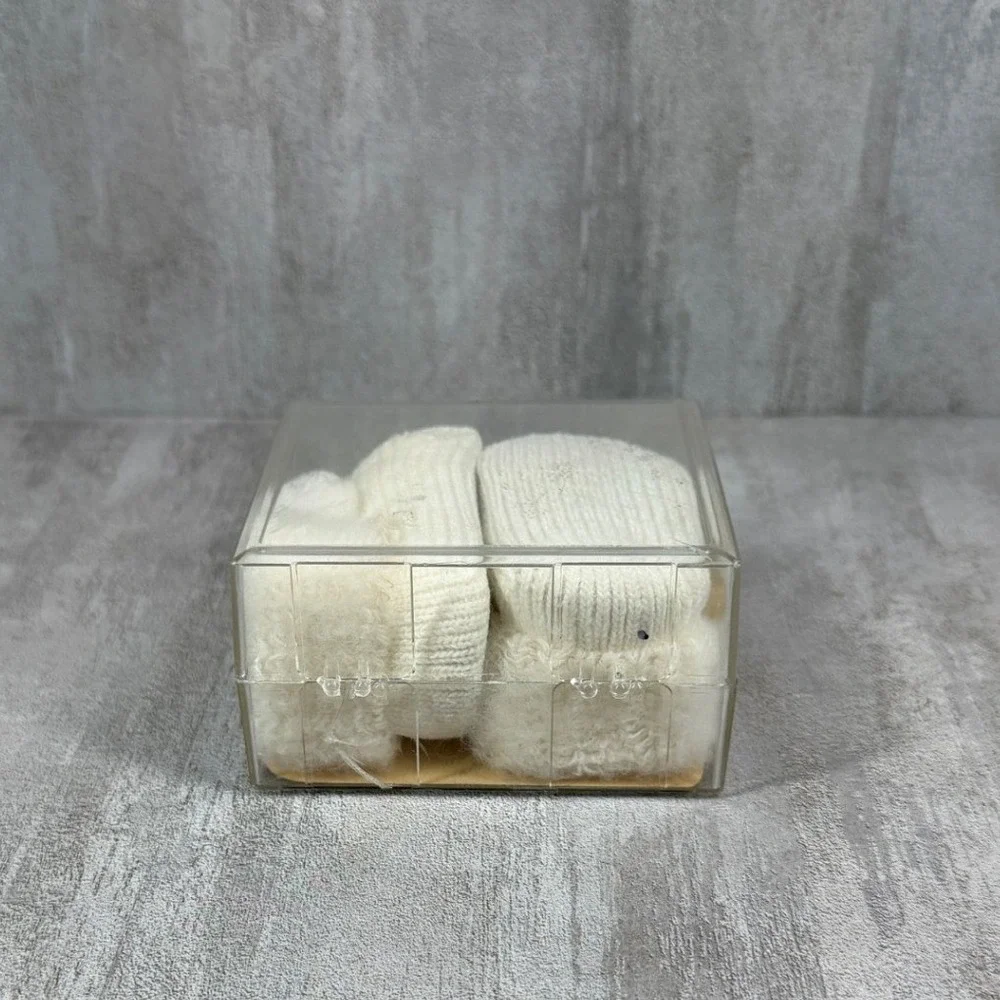 Vintage Baby Bootees Newborn to 3 Months Cream White Knit Pom Pom Made in USA